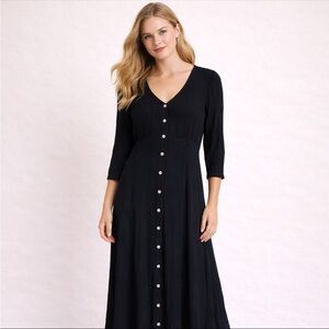 Vtg Molly Malloy Women’s Black Button Front Maxi Dress 3/4 Sleeve Crinkle S